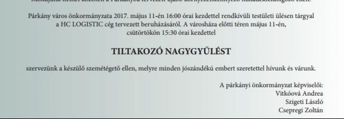 Tiltakozó nagygyűlés az újabb Párkányba tervezett hulladékégető ellen